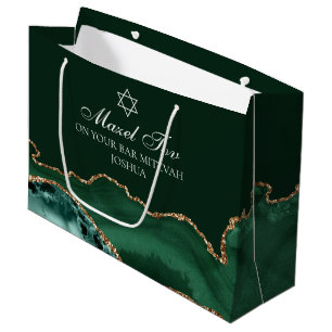 Customized Bar Mitzvah Mazel Tov Green Gold Large Gift Bag