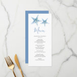 Customized Beach Wedding Menu Card<br><div class="desc">These customized wedding menu cards feature watercolor starfish in shades of blue. Use the template fields to add your personalized details. A nautical choice for your beach wedding theme. For more affordable wedding menu ideas visit www.zazzle.com/dotellabelle

Unique watercolor ocean art by Victoria Grigaliunas of Do Tell A Belle.</div>