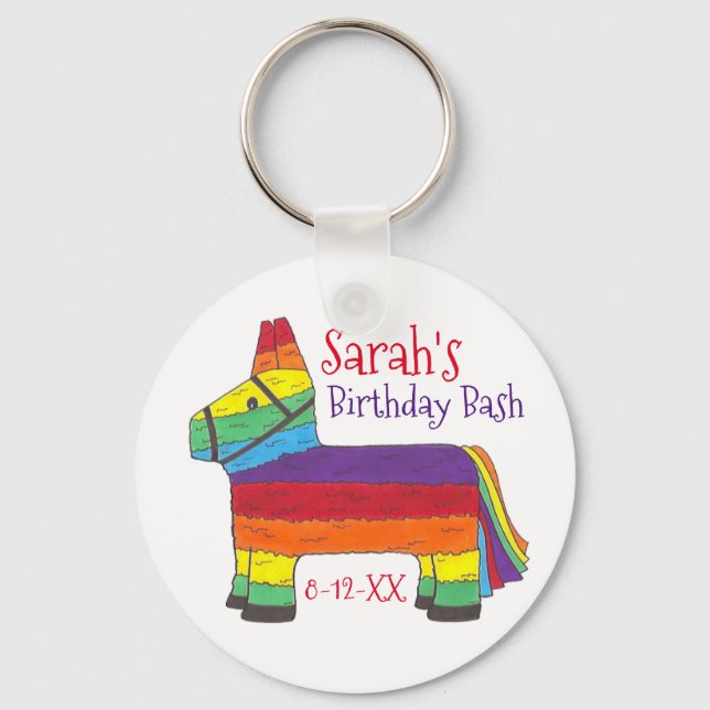 Customized Birthday Party Favor Rainbow Piñata Keychain (Front)