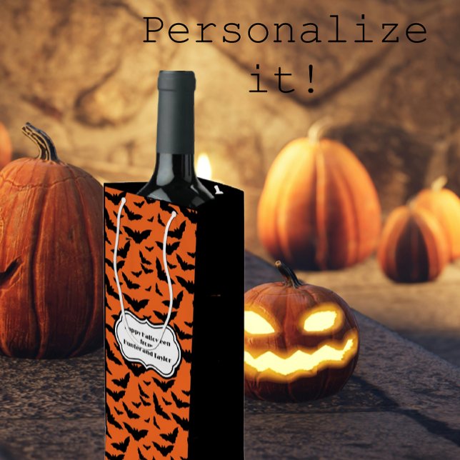 Customized Black and Orange Halloween Bats  Wine Gift Bag (Personalize these wine bags for 
extra special Halloween gifts.)