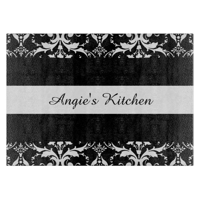 Customized Black and White Damask Kitchen Gadget Cutting Board (Front)