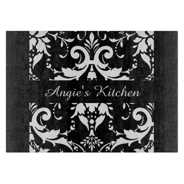 Customized Black and White Damask Kitchen Gadget Cutting Board (Front)
