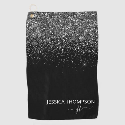Customized Black Glitter Modern Monogram Name  Golf Towel