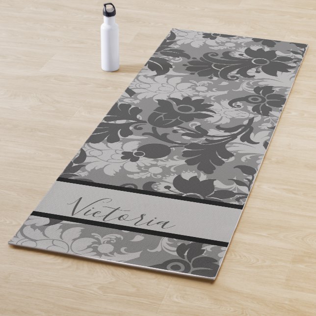 Customized Black Gray Floral Damask Name Yoga Mat (In Situ)