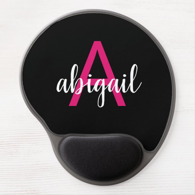 Customized Black Hot Pink Modern Monogram Name Gel Mouse Pad (Front)
