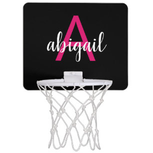 Customized Black Hot Pink Modern Monogram Name Mini Basketball Hoop
