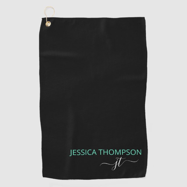 Customized Black Teal Elegant Modern Monogram Name Golf Towel (Front)