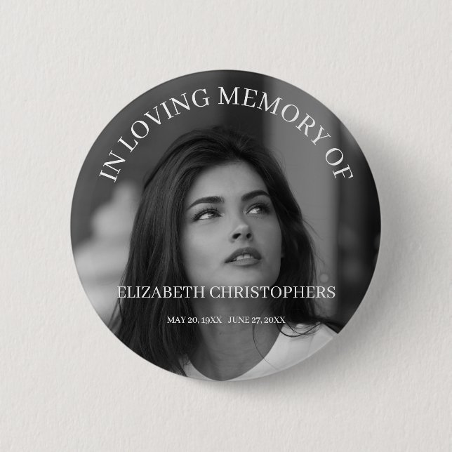 Customized Black White Photo Funeral Memorial Button (Front)