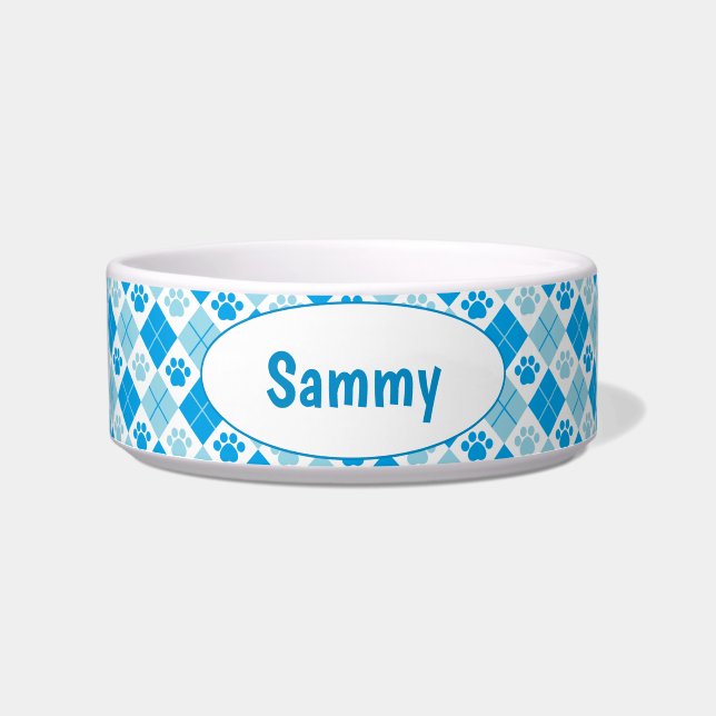 Customized Blue Argyle Paw Print Bowl (Front)