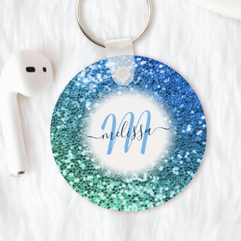 Customized Blue Glitter Mermaid Monogram Name Keychain by sweetbirdiestudio at Zazzle