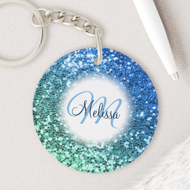 Customized Blue Glitter Mermaid Monogram Name Keychain (Creator Uploaded)