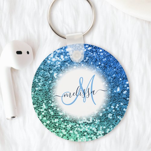 Customized Blue Glitter Mermaid Monogram Name Keychain