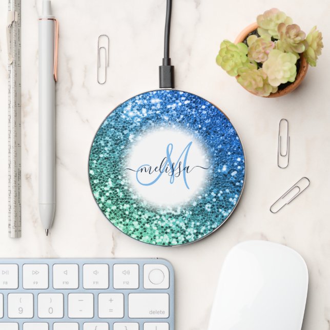 Customized Blue Glitter Mermaid Monogram Name Wireless Charger (Desk)