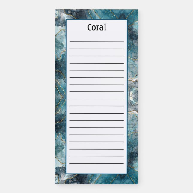 Customized Blue Turquoise Pattern Lined  Magnetic Notepad (Front)