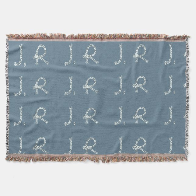 Customized Blue White Rope Knot Monogram Soft Warm Throw Blanket (Front)