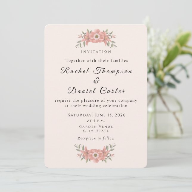 Customized Blush Pink Garden Floral Wedding  Invitation (Standing Front)