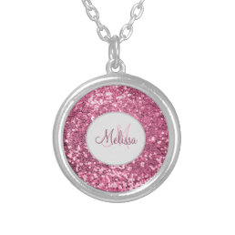 Customized Blush Pink Pretty Glitter Monogram Name Silver Plated Necklace