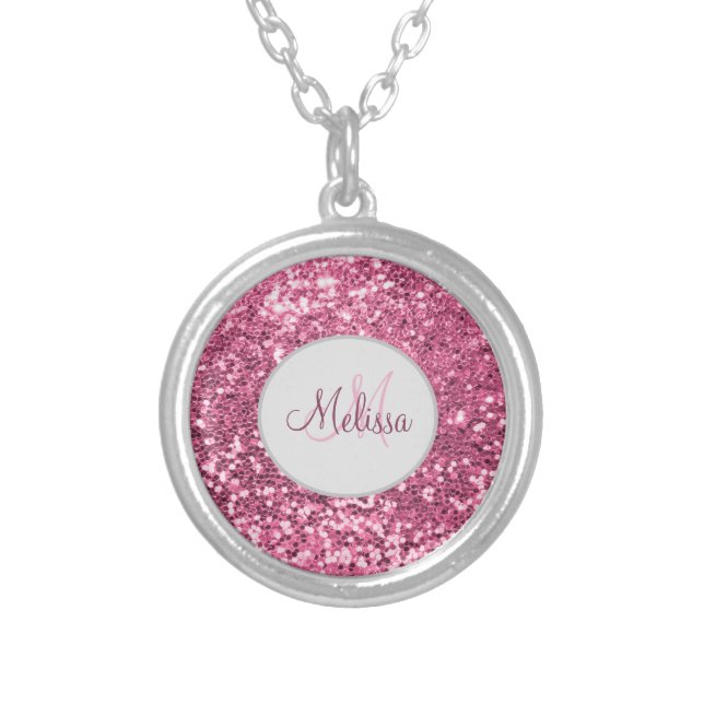 Customized Blush Pink Pretty Glitter Monogram Name Silver Plated Necklace (Front)