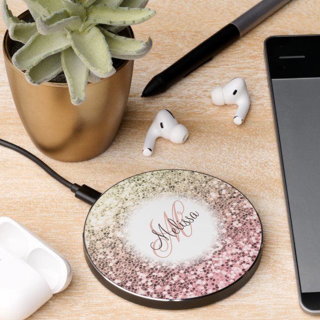 Customized Blush Pink Pretty Glitter Monogram Name Wireless Charger (Desk 2)