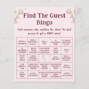 Customized Boho Floral Find The Guest Bingo Game  Flyer
