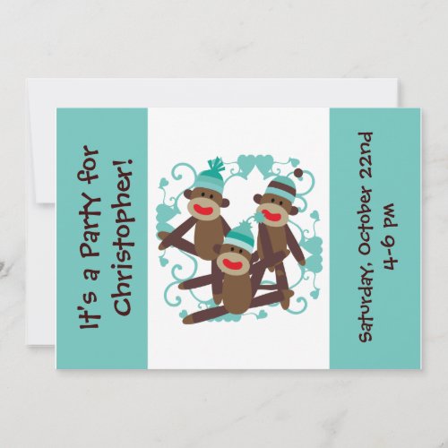 Customized Boy Sock Monkey 5x7 Invitations