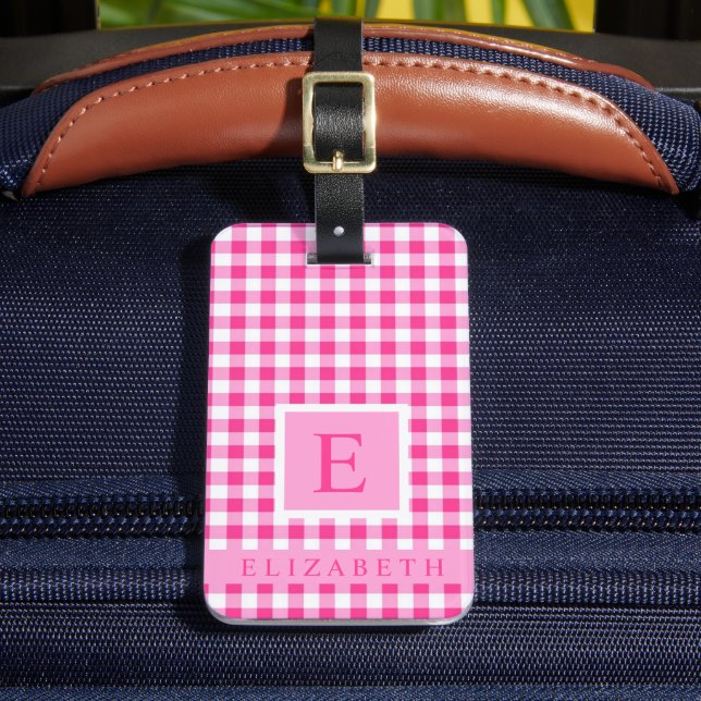Customized Bright PInk White Checkered Pattern Luggage Tag (Front Insitu 2)