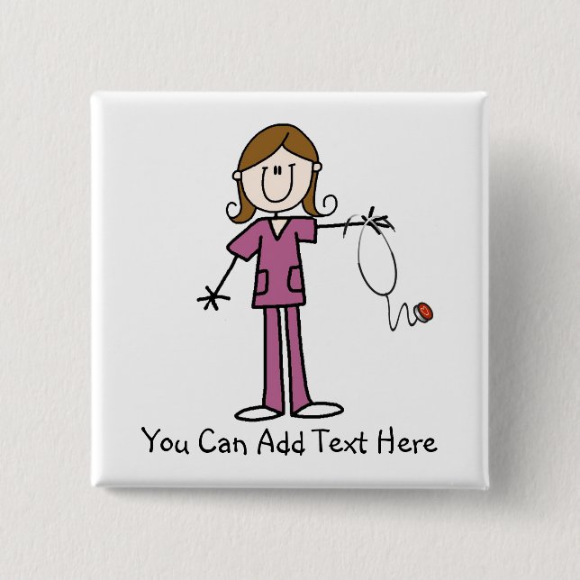 Customized Brown Hair Stick Figure Nurse  Button (Front)