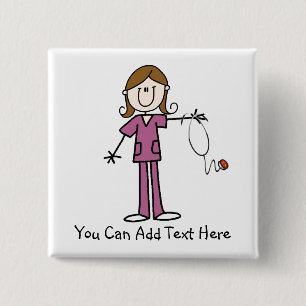 Customized Brown Hair Stick Figure Nurse Button