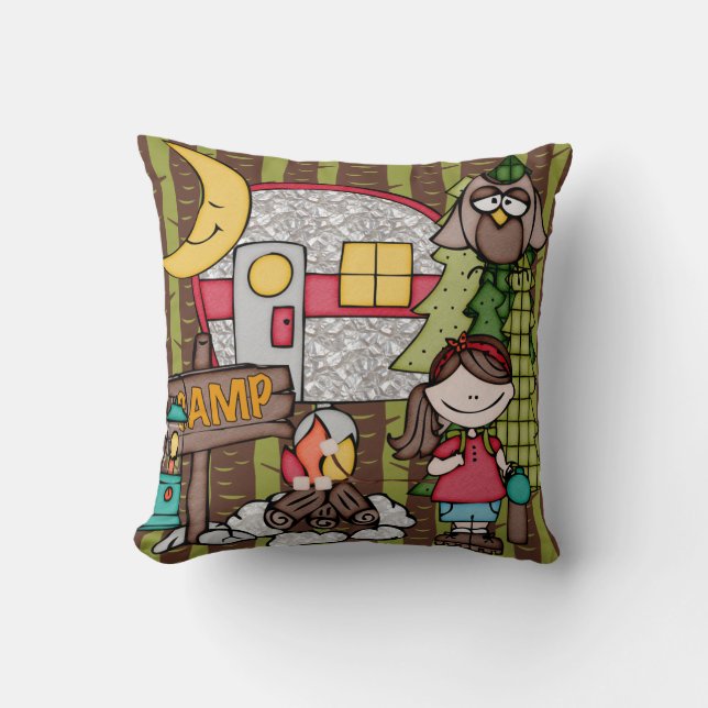 Customized Brown Haired Girl Camping Pillow (Front)