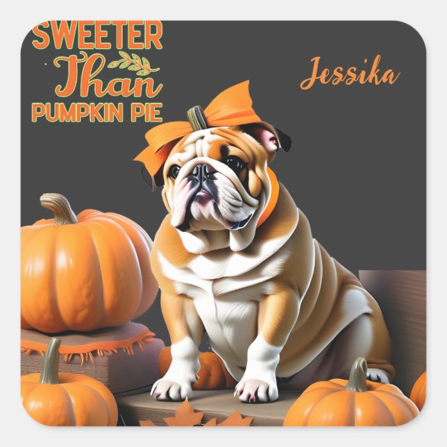 Customized Bulldog Pumpkin Pie Sweet Halloween  Square Sticker (Front)