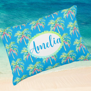 Customized Caribbean Blue Tropical Palm Tree  Accent Pillow