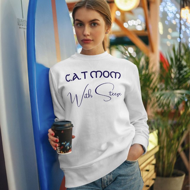 Customized Cat Mom Blue Script Funny Pet Lover Sweatshirt (Creator Uploaded)