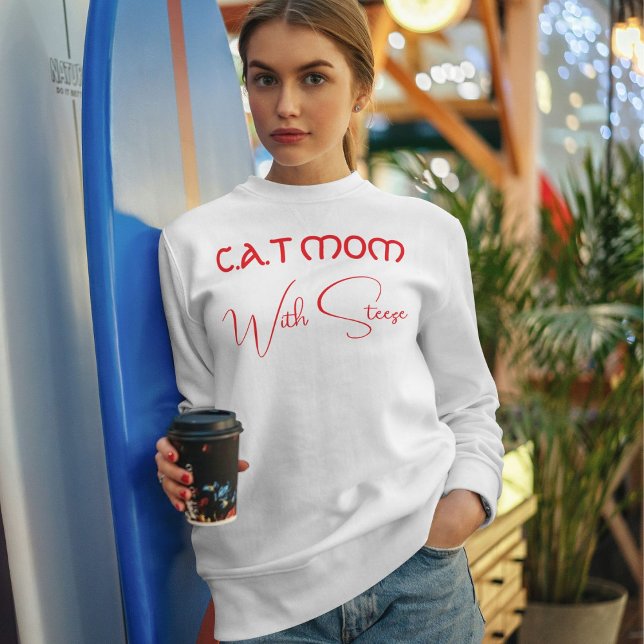 Customized Cat Mom Red Script Funny Pet Lover Sweatshirt (Creator Uploaded)