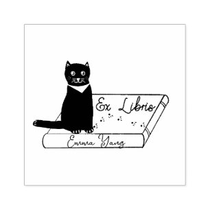 Customized Cat on book Ex Libris Wood Art Stamp