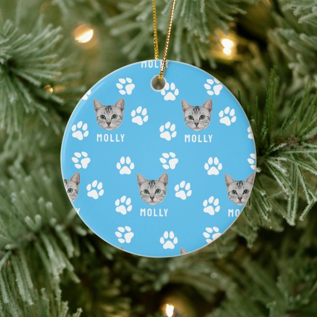 Customized Cat Pet Photo & Name Blue Ceramic Ornament (Tree)