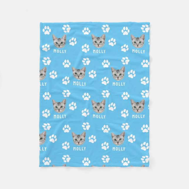 Customized Cat Pet Photo & Name Blue Fleece Blanket (Front)