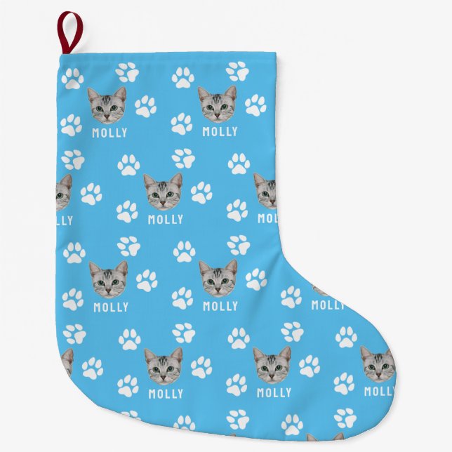Customized Cat Pet Photo & Name Blue Large Christmas Stocking (Front)