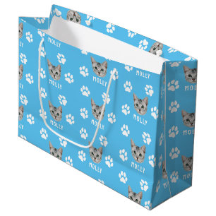 Customized Cat Pet Photo & Name Blue Large Gift Bag