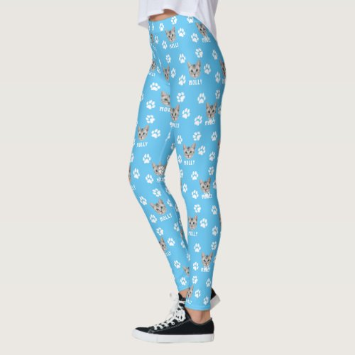 Customized Cat Pet Photo  Name Blue Leggings