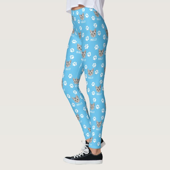 Customized Cat Pet Photo & Name Blue Leggings (Left)