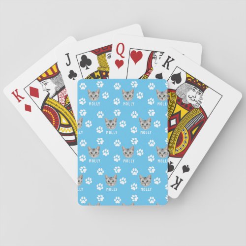 Customized Cat Pet Photo  Name Blue Poker Cards