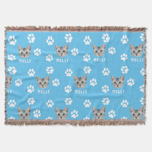Customized Cat Pet Photo  Name Blue Throw Blanket