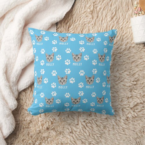 Customized Cat Pet Photo  Name Blue Throw Pillow