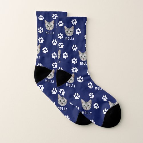 Customized Cat Pet Photo  Name Navy Blue Socks
