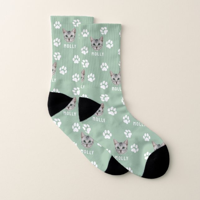 Customized Cat Pet Photo & Name Sage Green Socks (Pair)