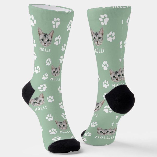 Customized Cat Pet Photo & Name Sage Green Socks (Angled)