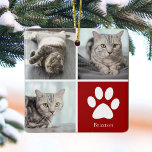 Customized Cat Photo Collage Cute Red Christmas Ceramic Ornament<br><div class="desc">This beautiful cat photo Christmas ornament is personalized with adorable pictures of your sweet girl kitty. Customize this chic gift with your own custom feline photographs around a cool red square with a cute white paw print and your kitten's name in the center. Add your favorite full photograph on the...</div>