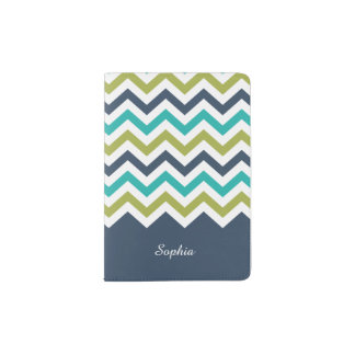 Customized Chevron Navy Lime Turquoise Passport Holder
