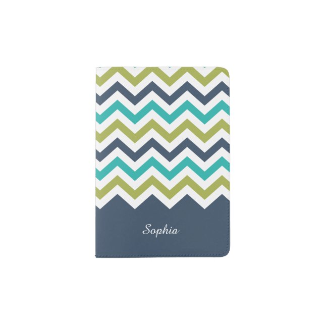 Customized Chevron Navy Lime Turquoise Passport Holder (Front)