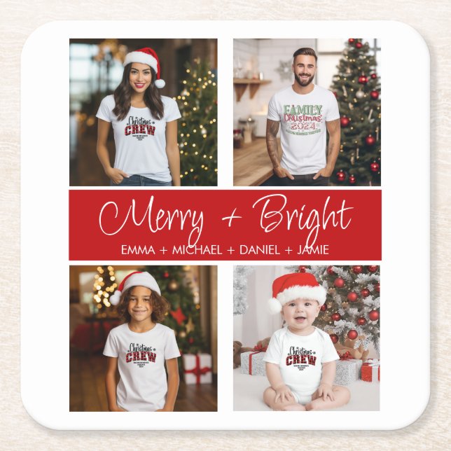 Customized Christmas 4 Photo Collage Square Paper Coaster (Front)